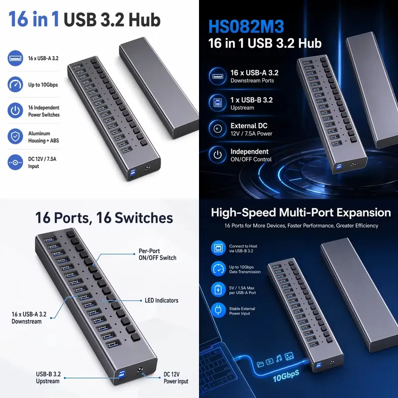 Usb Hub - AP01 16-portowy zasilany hub USB 3.2